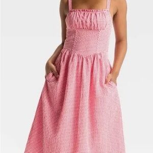 Red and White Gingham Milkmaid Midi Dress